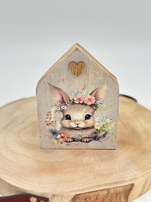 Holzhaus Set mit Hasenmotiven – Frühlings- & Osterdekorationen (2er Set)